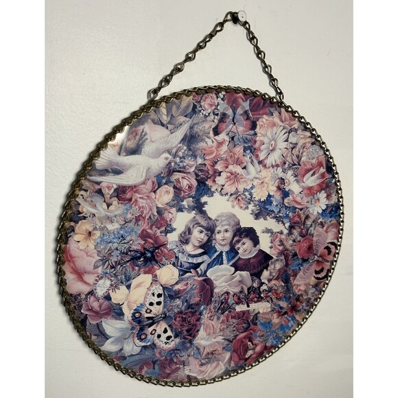 Vintage Gallery Graphics Victorian Girls Floral Round Print Frame Hanging Chain - Picture 1 of 7
